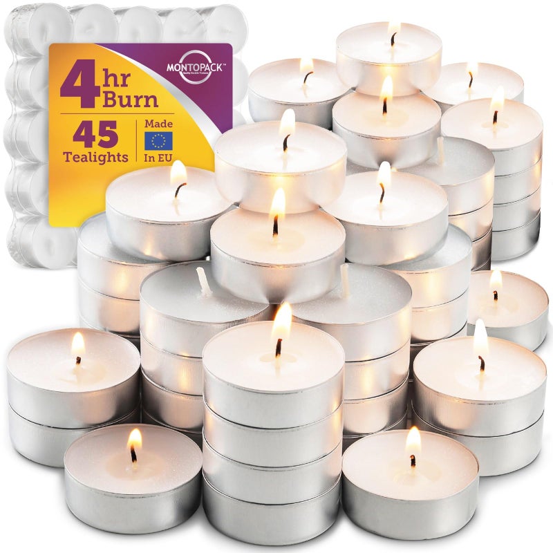 MontoPack Unscented Tea Light Candles 45 Pack | 4 Hours, White, Smokeless, Dripless Small Votive Paraffin Tealights | Long-Lasting for Home, Shabbat, Weddings, Events, Emergencies | Mini Candles Bulk - Image 1